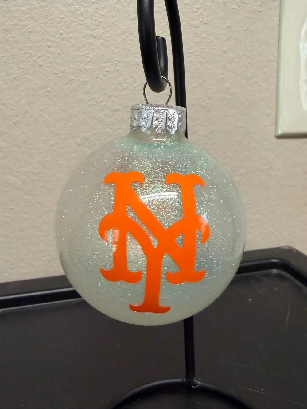 Glitter Glass Holiday Ornament with New York Mets Orange Logo